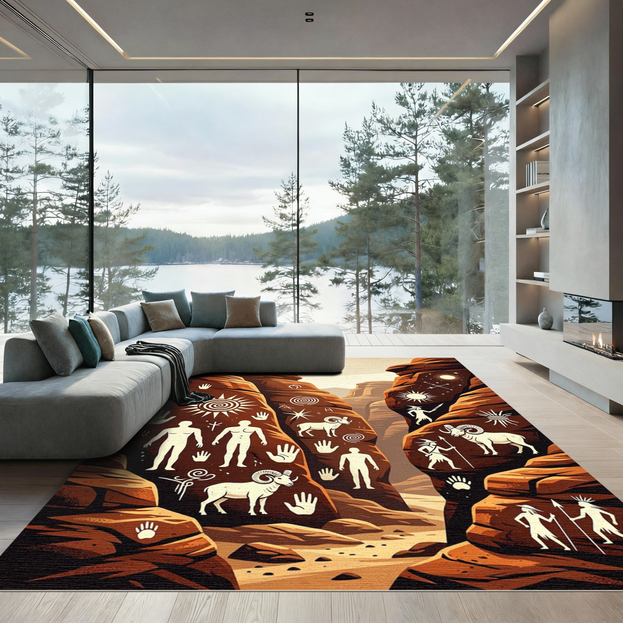 Earthy Canyon Petroglyph Ancient Cave Art Rug