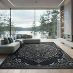 Ornate Silver Floral Mandala Charcoal Rug