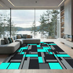 Cyan and Gray Geometric Block Art Rug