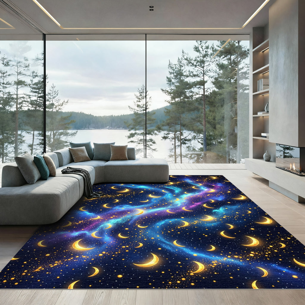 Celestial Golden Crescent Moon Nebula Nebula Rug