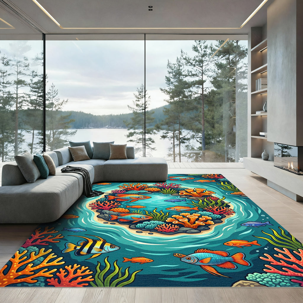 Vibrant Tropical Coral Reef Marine Scene Rug