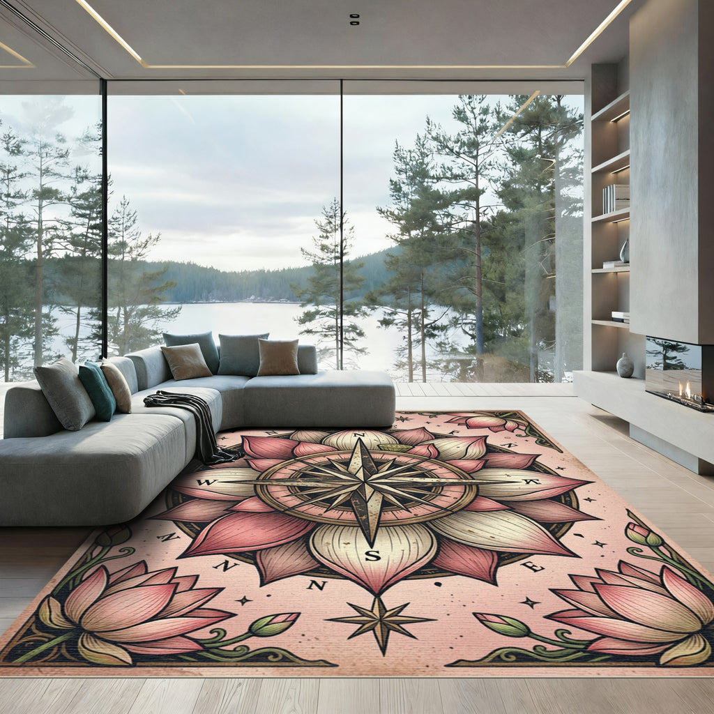 Blush Pink Lotus Compass Floral Medallion Rug