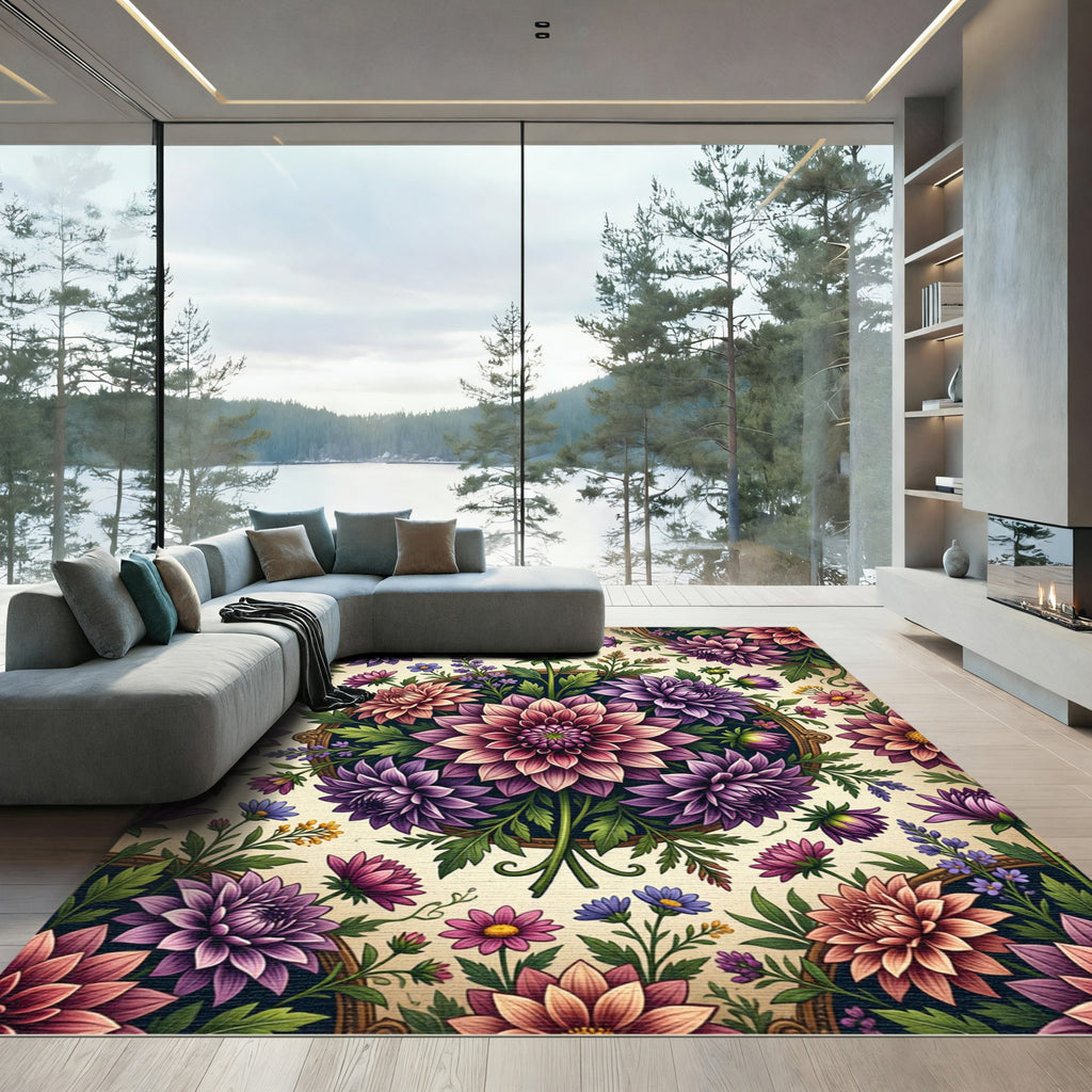 Vibrant Purple Dahlia Botanical Medallion Rug
