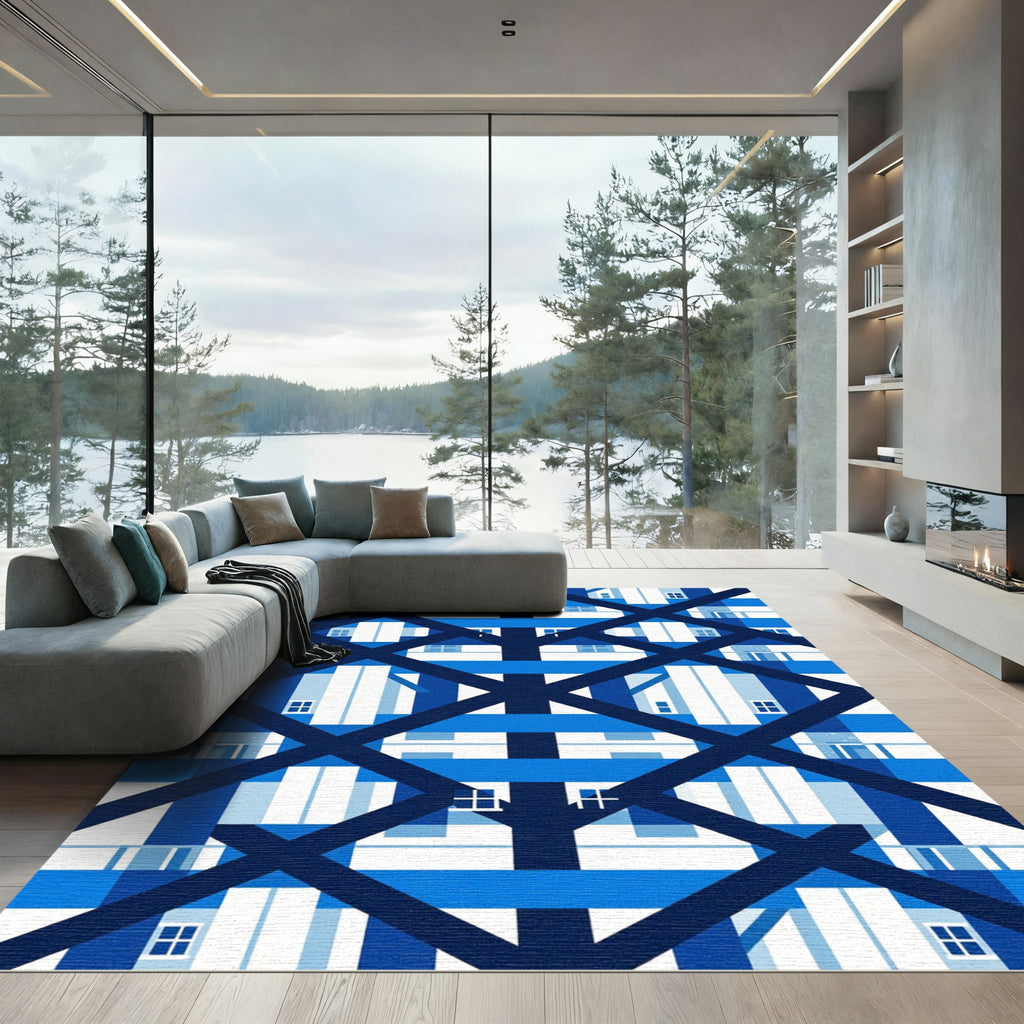 Geometric Navy Blue Crossed Lattice Grid Rug