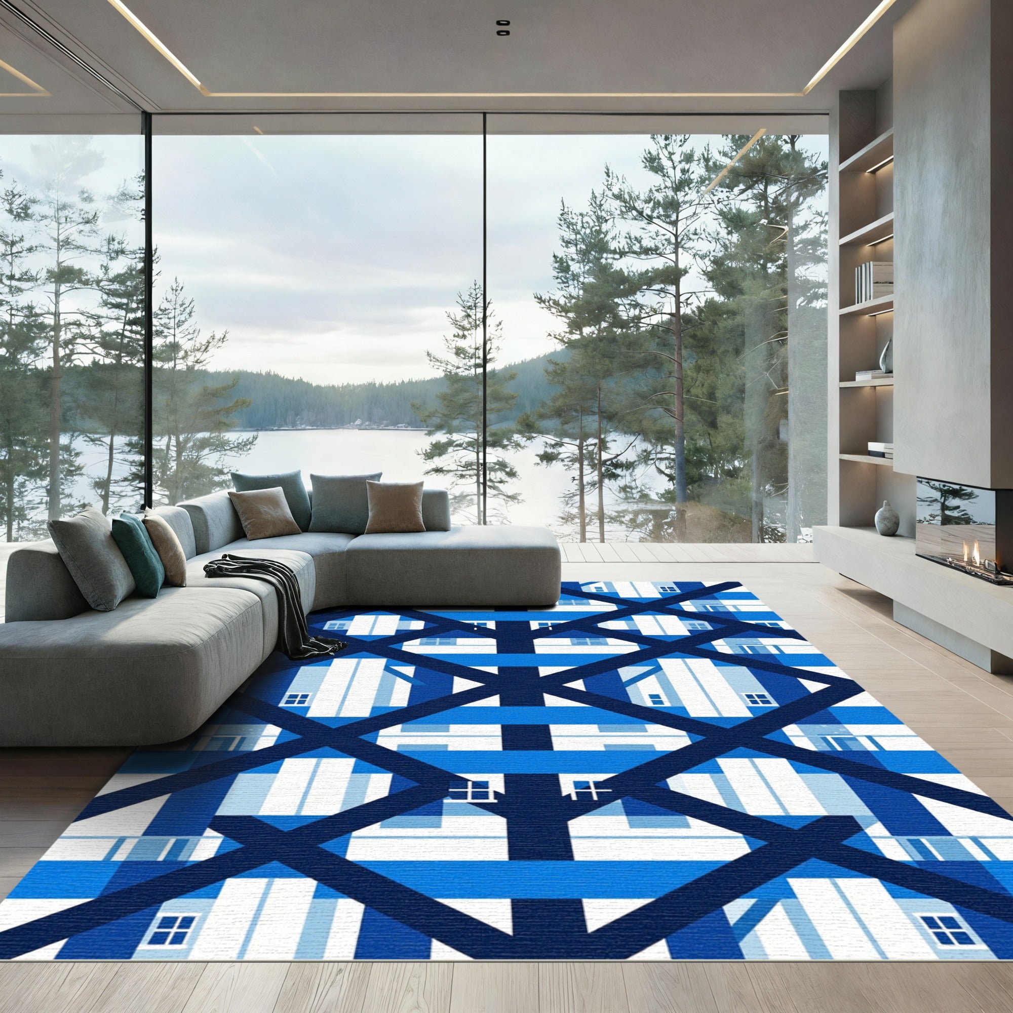 Geometric Navy Blue Crossed Lattice Grid Rug