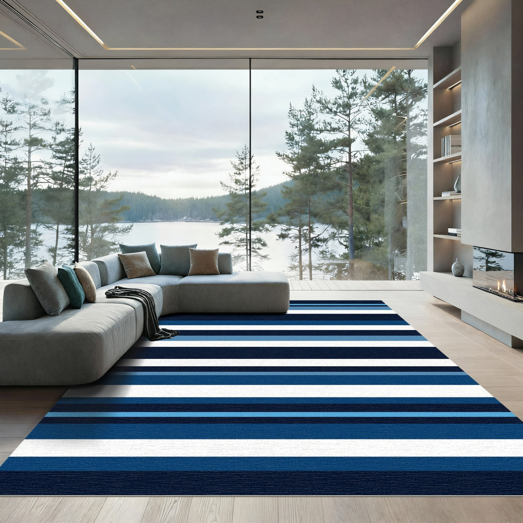 Modern Navy and Blue Horizontal Stripes Rug