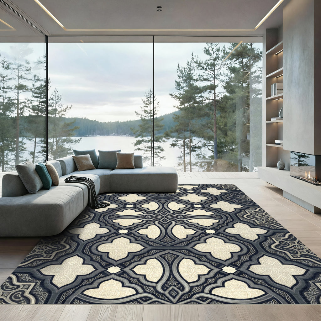 Intricate Gray Cream Geometric Quatrefoil Rug