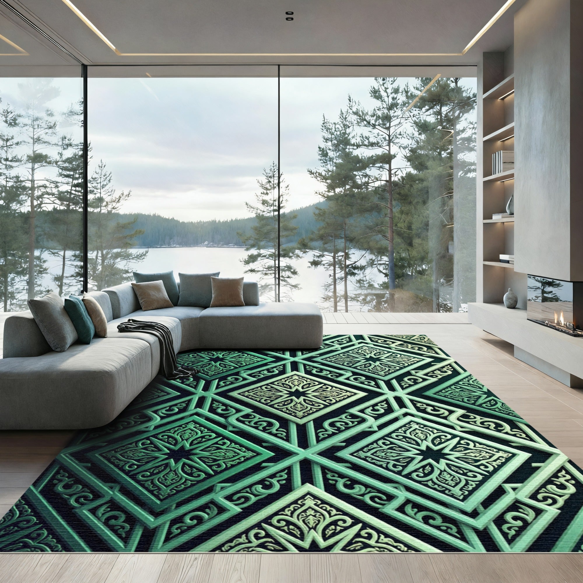 Emerald Geometric Star Lattice Medallion Rug