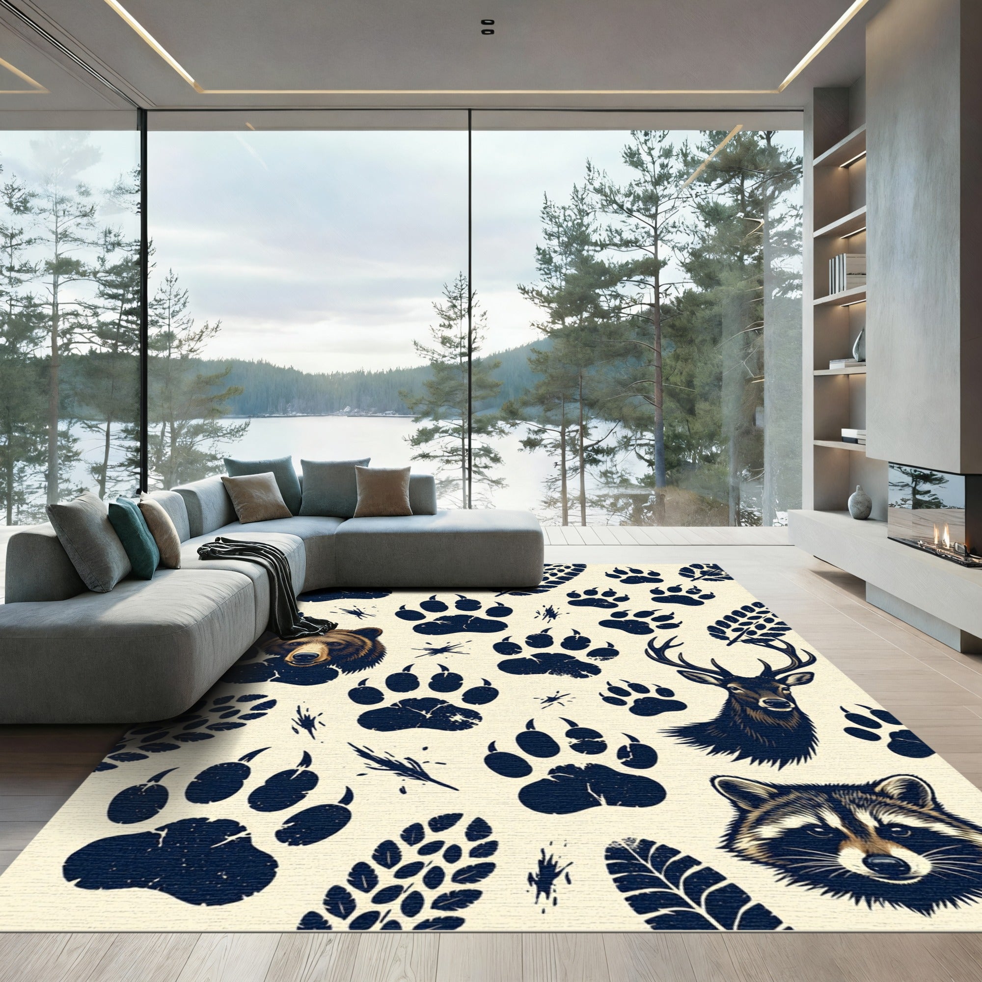 Wildlife Forest Animal Tracks Cream Artwork Rug