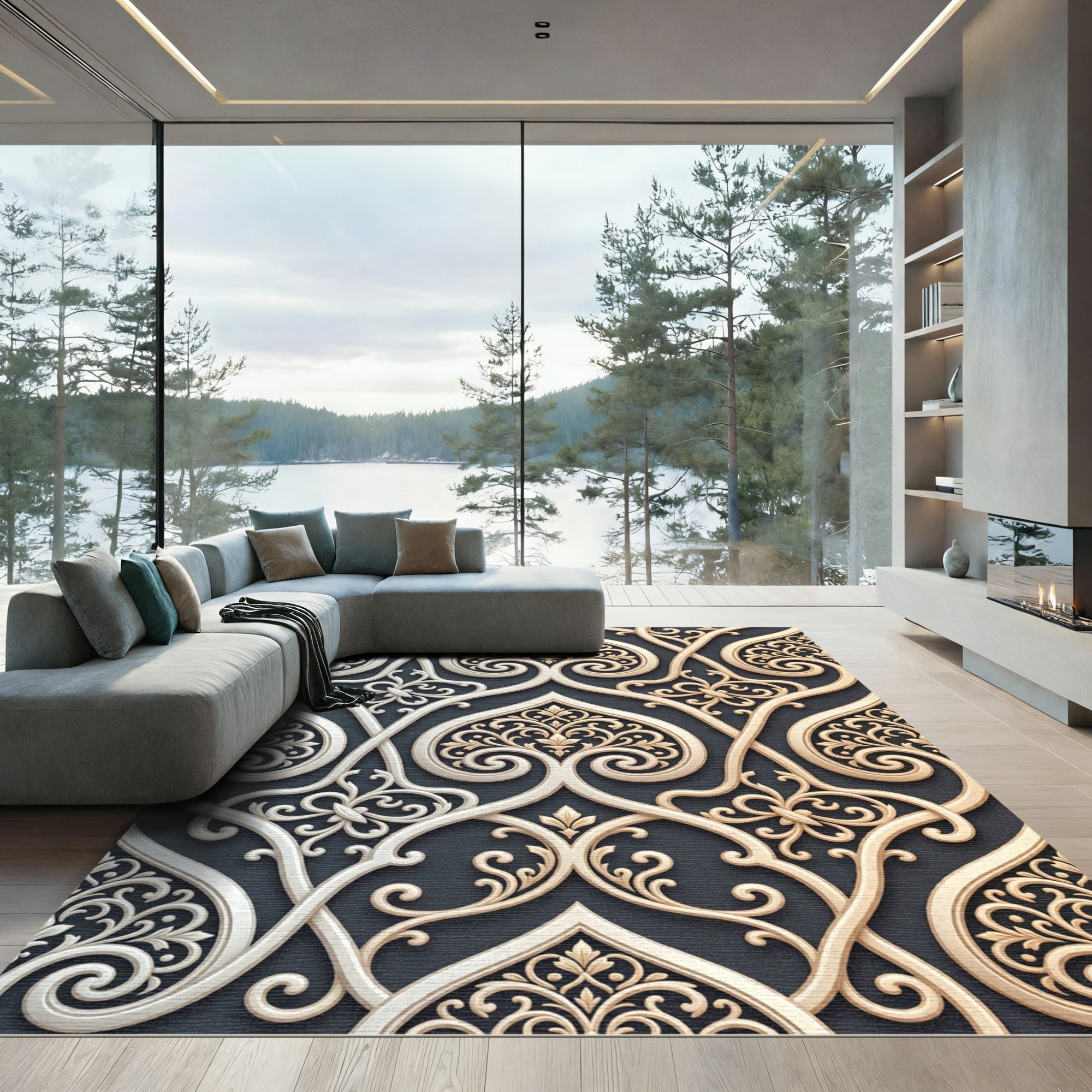 Elegant Cream and Gold Filigree Swirls Rug