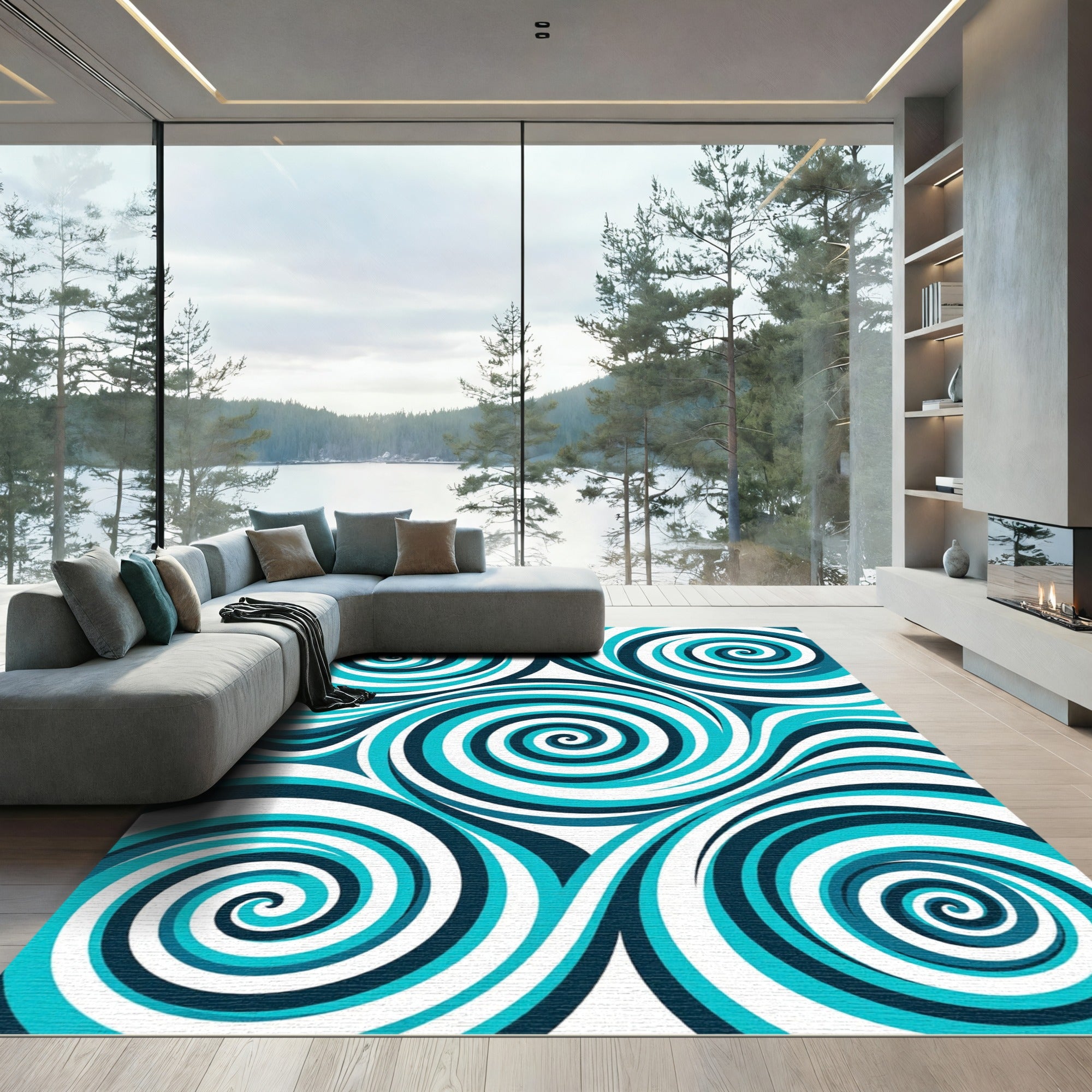 Dynamic Teal Blue Swirl Vortex Rug