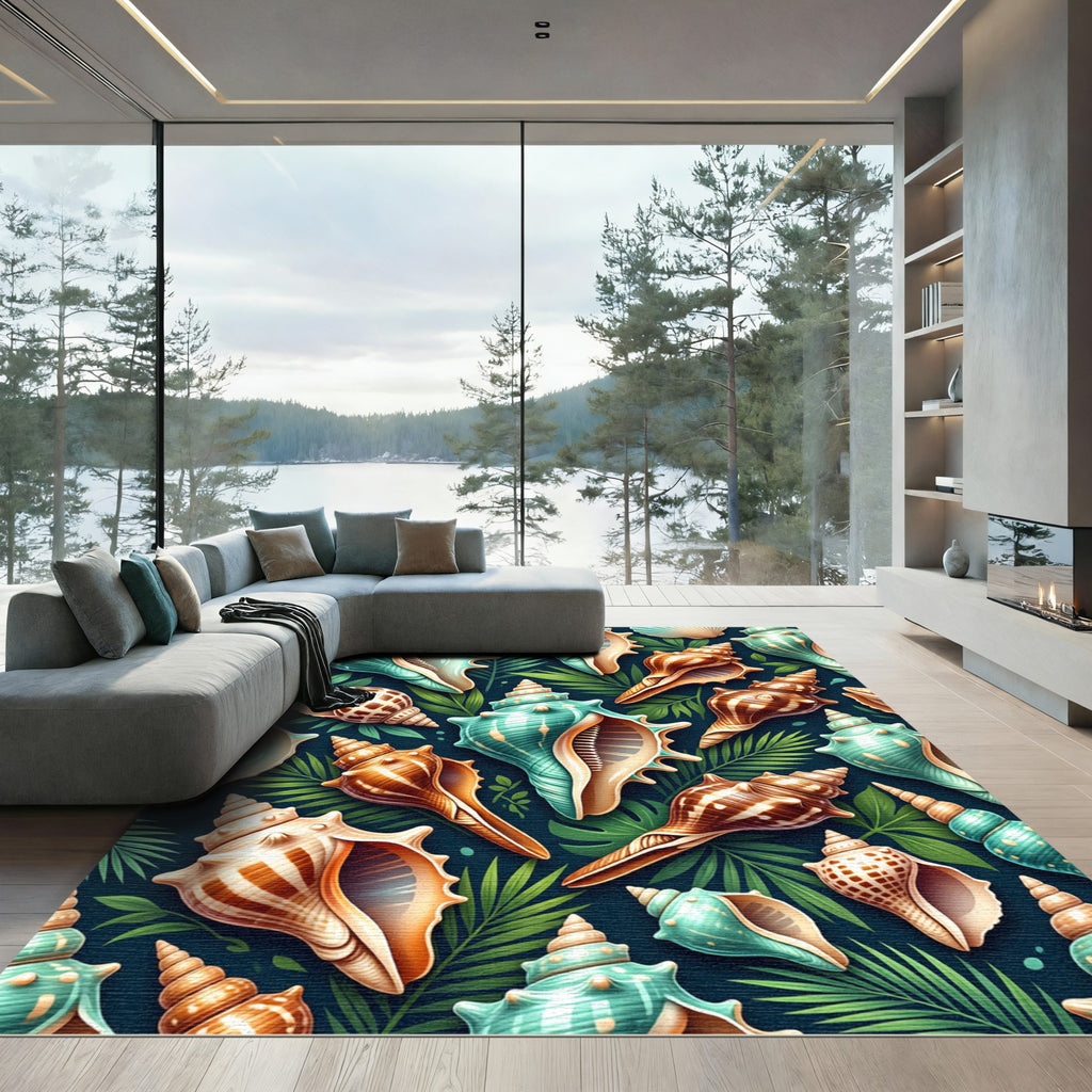 Tropical Teal Seashell and Leaf Illustration Rug
