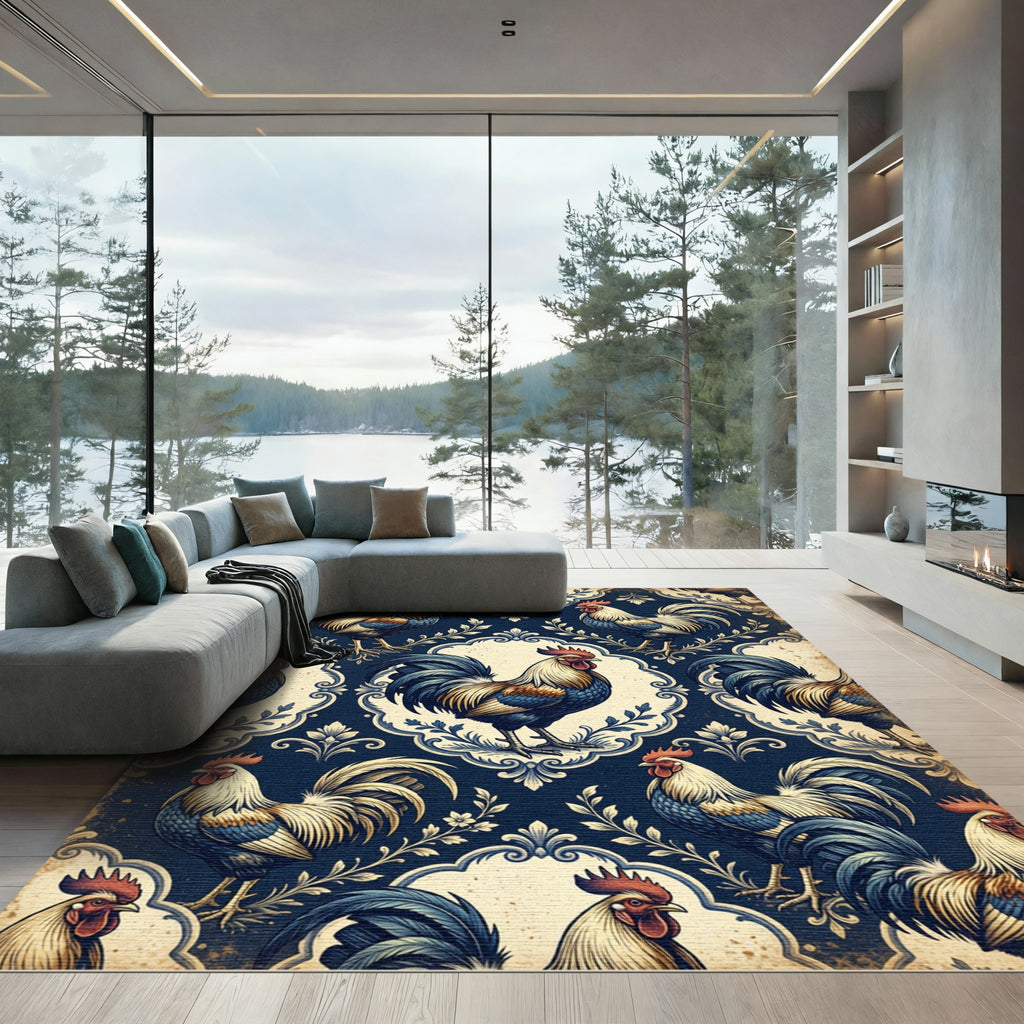Vintage Navy Rooster Damask Illustration Rug