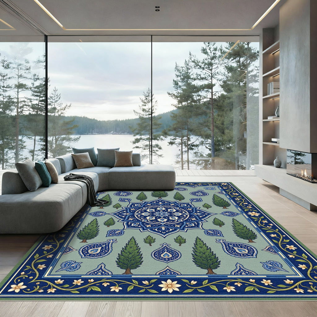 Serene Blue Cypress Tree Garden Medallion Rug
