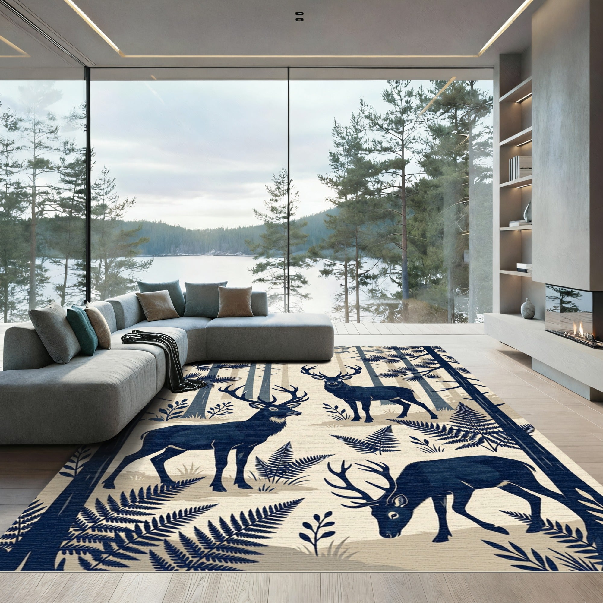 Dark Blue Forest Deer Silhouette Rug