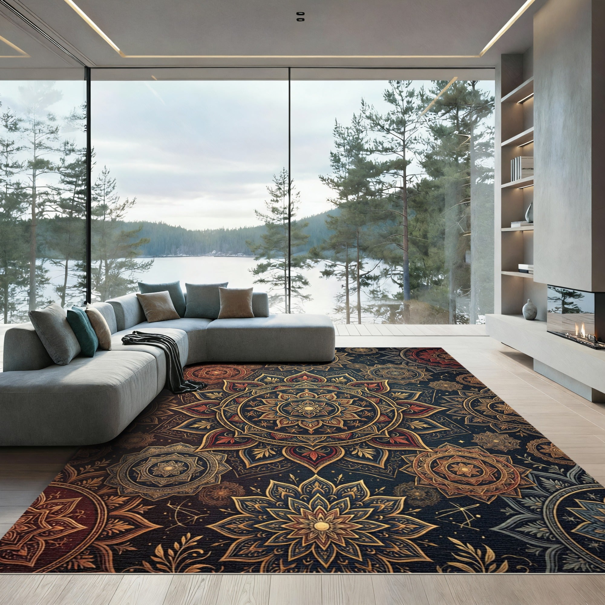 Ornate Navy and Gold Mandala Medallion Rug