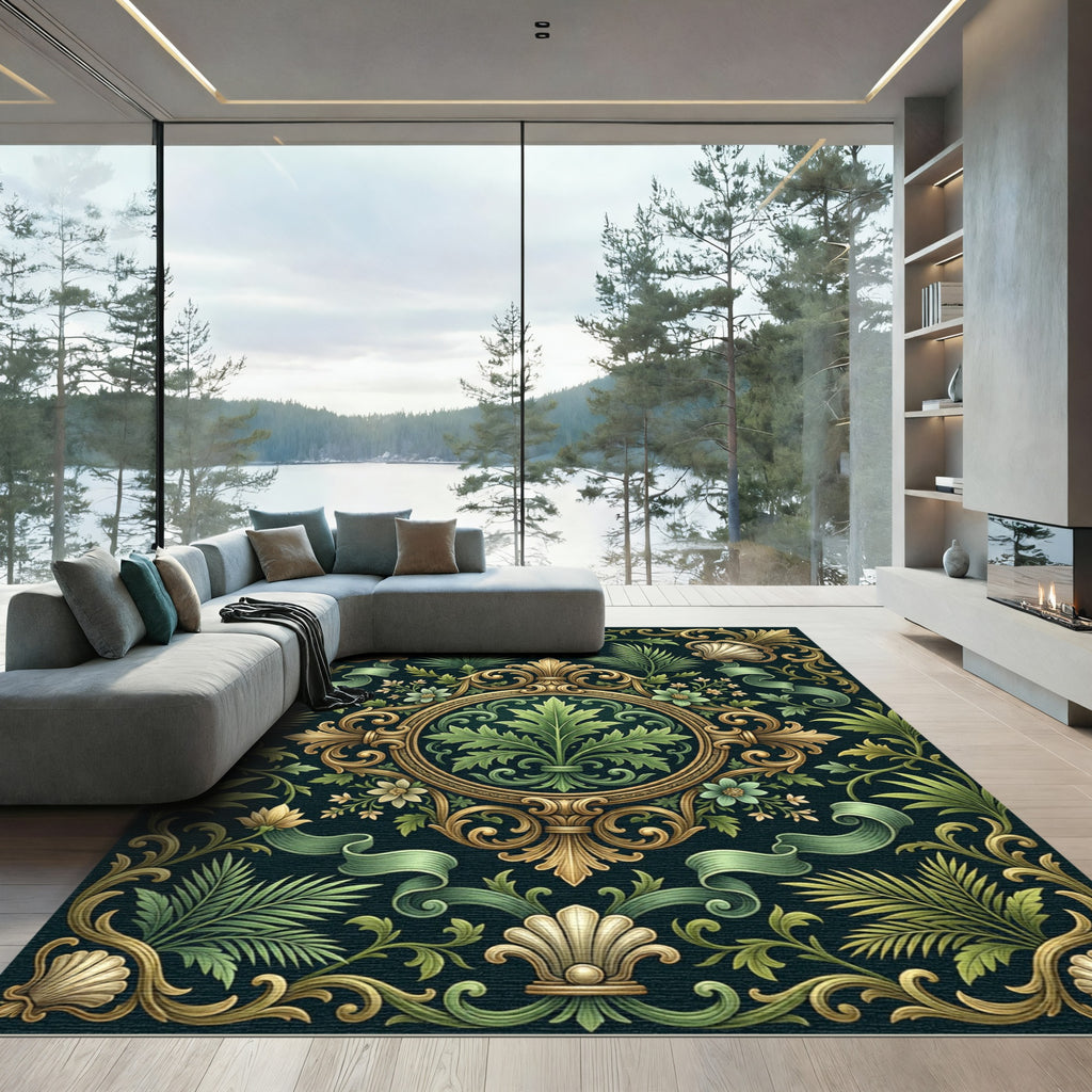 Ornate Golden Acanthus Botanical Medallion Rug