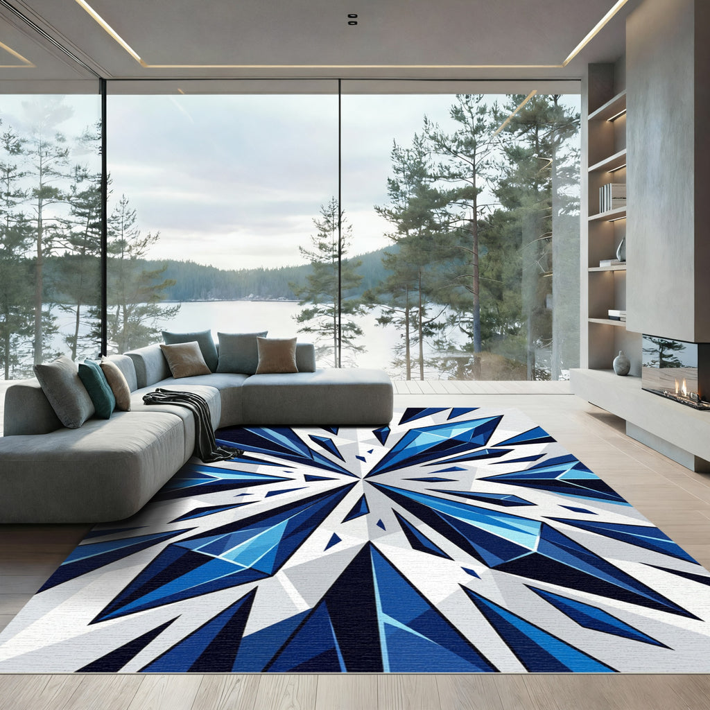 Geometric Blue Crystal Shard Abstract Rug