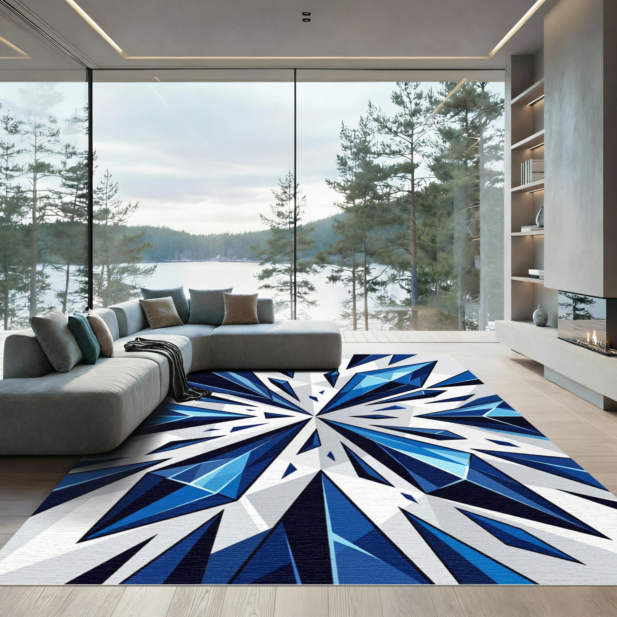 Geometric Blue Crystal Shard Abstract Rug