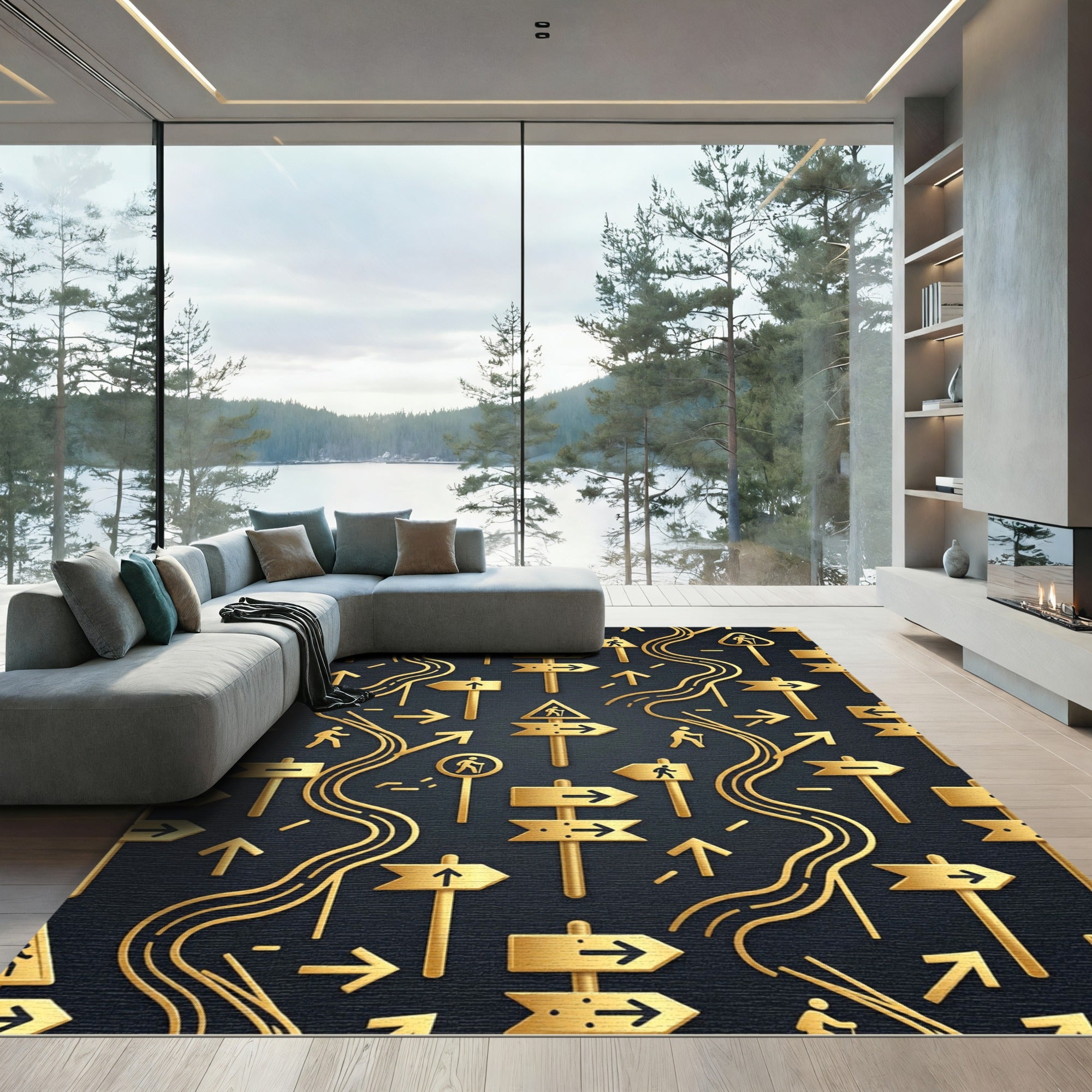 Golden Navigator Symbols on Charcoal Background Rug