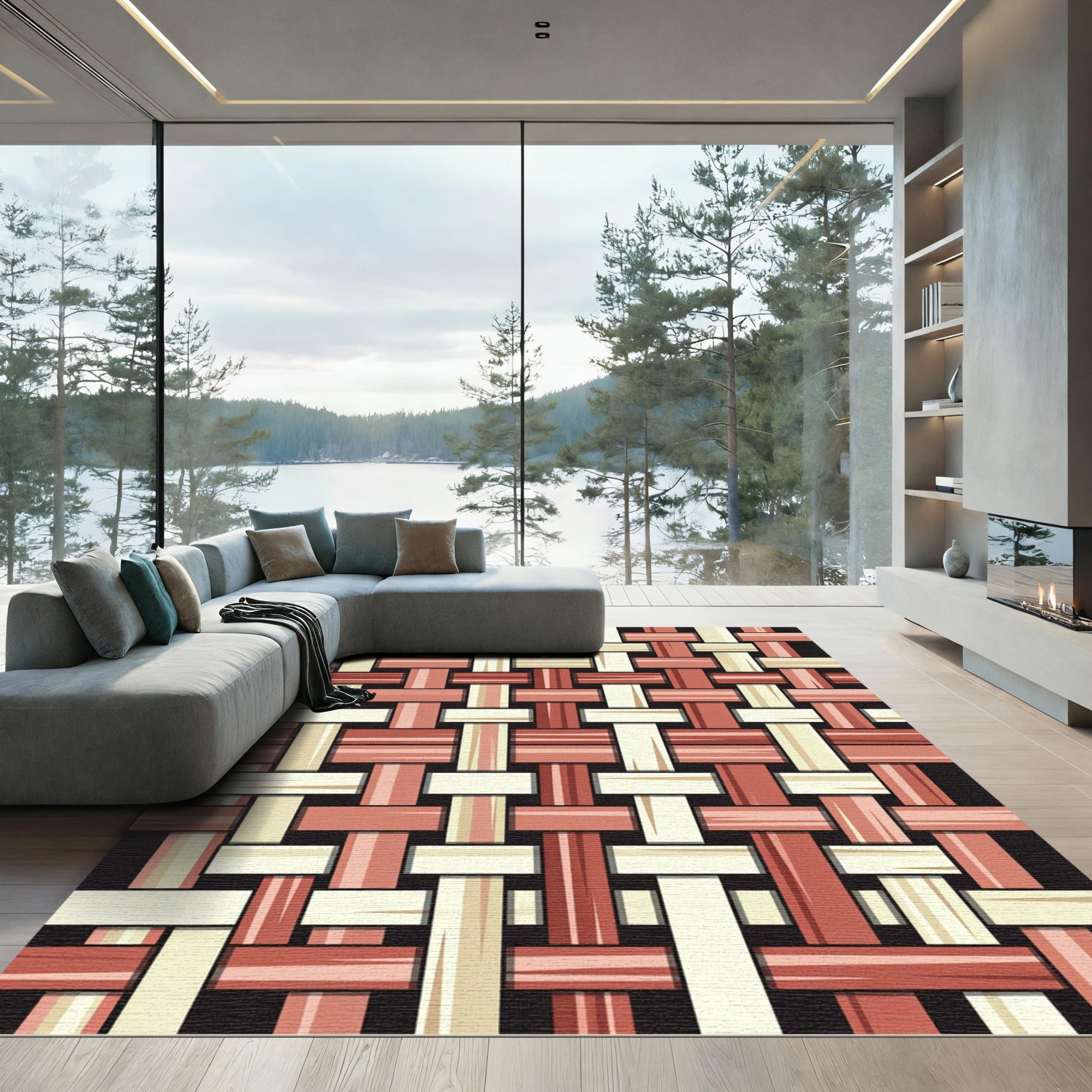 Woven Red Beige Texture Inlay Rug