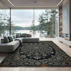 Ornate Monochrome Damask Floral Medallion Rug