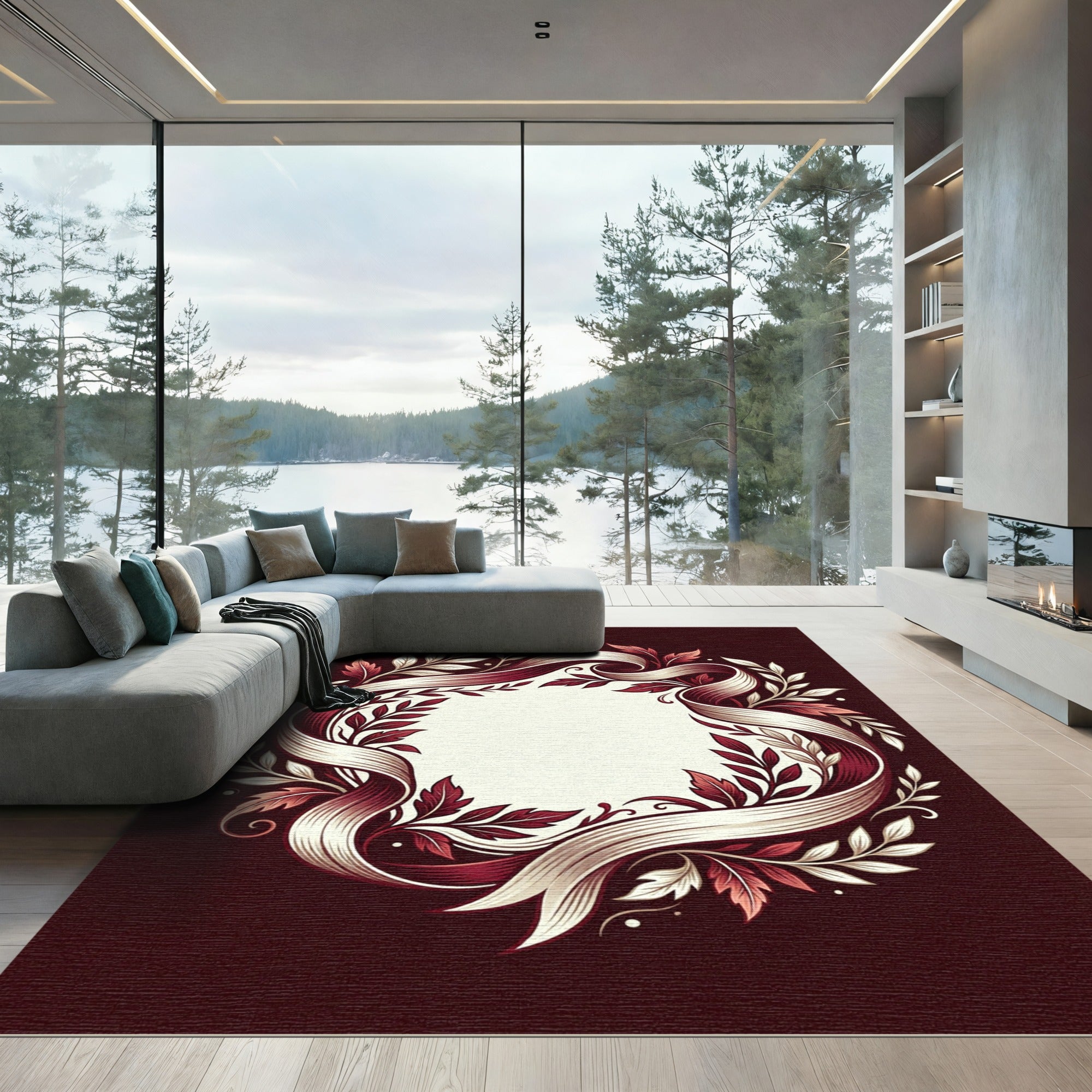 Crimson Ribbon Laurel Wreath Rug