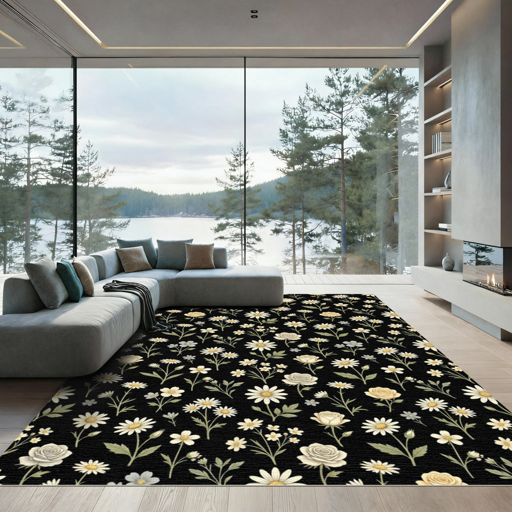 Black Cream Daisy Rose Garden Rug