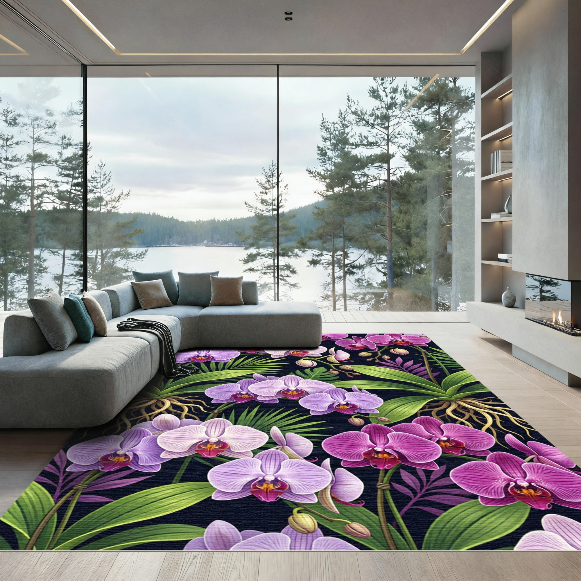 Vibrant Purple Orchid Tropical Floral Rug