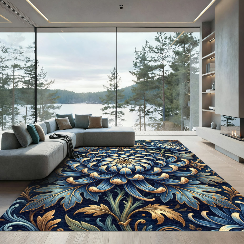 Blue Chrysanthemum Golden Leaf Botanical Rug