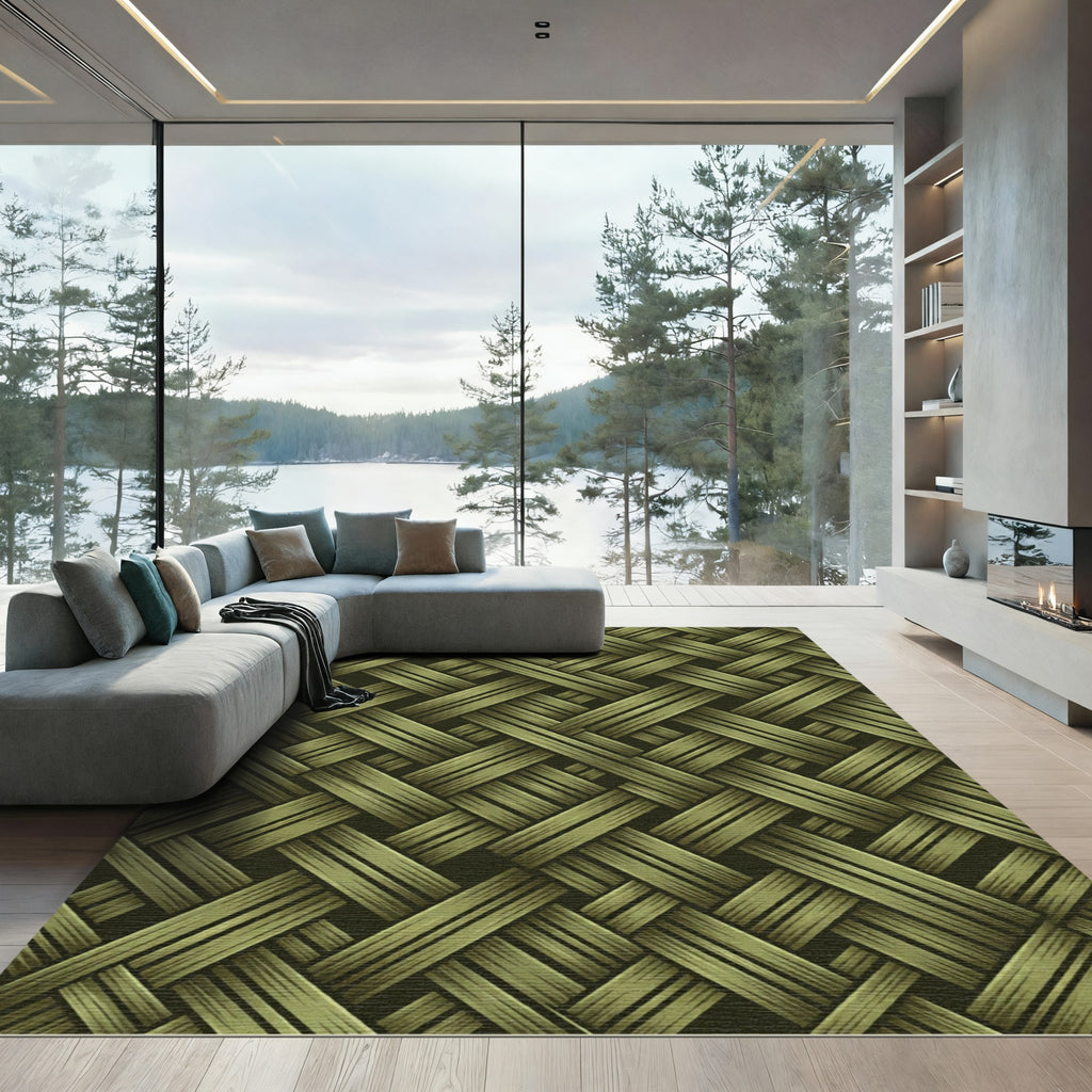 Olive Green Woven Basket Lattice Rug