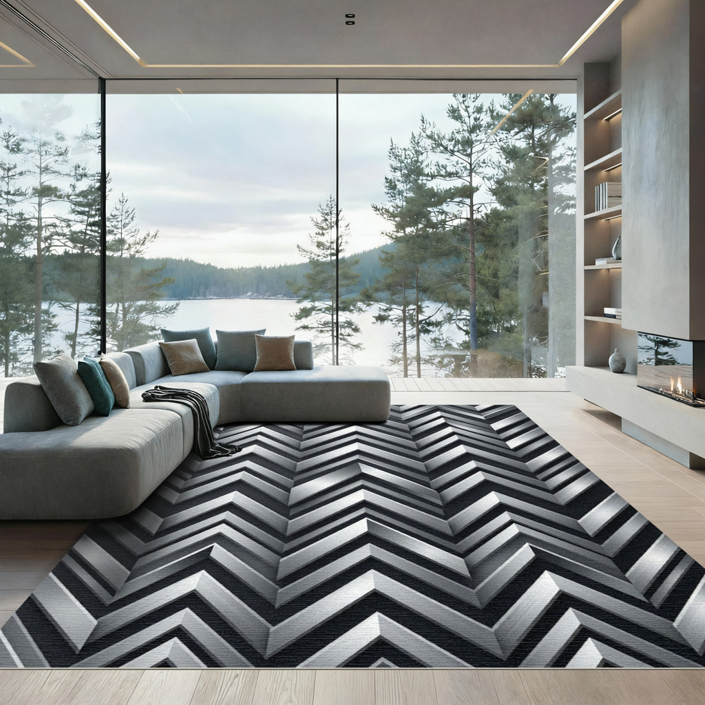 Silver Metallic Chevron Geometric Rug