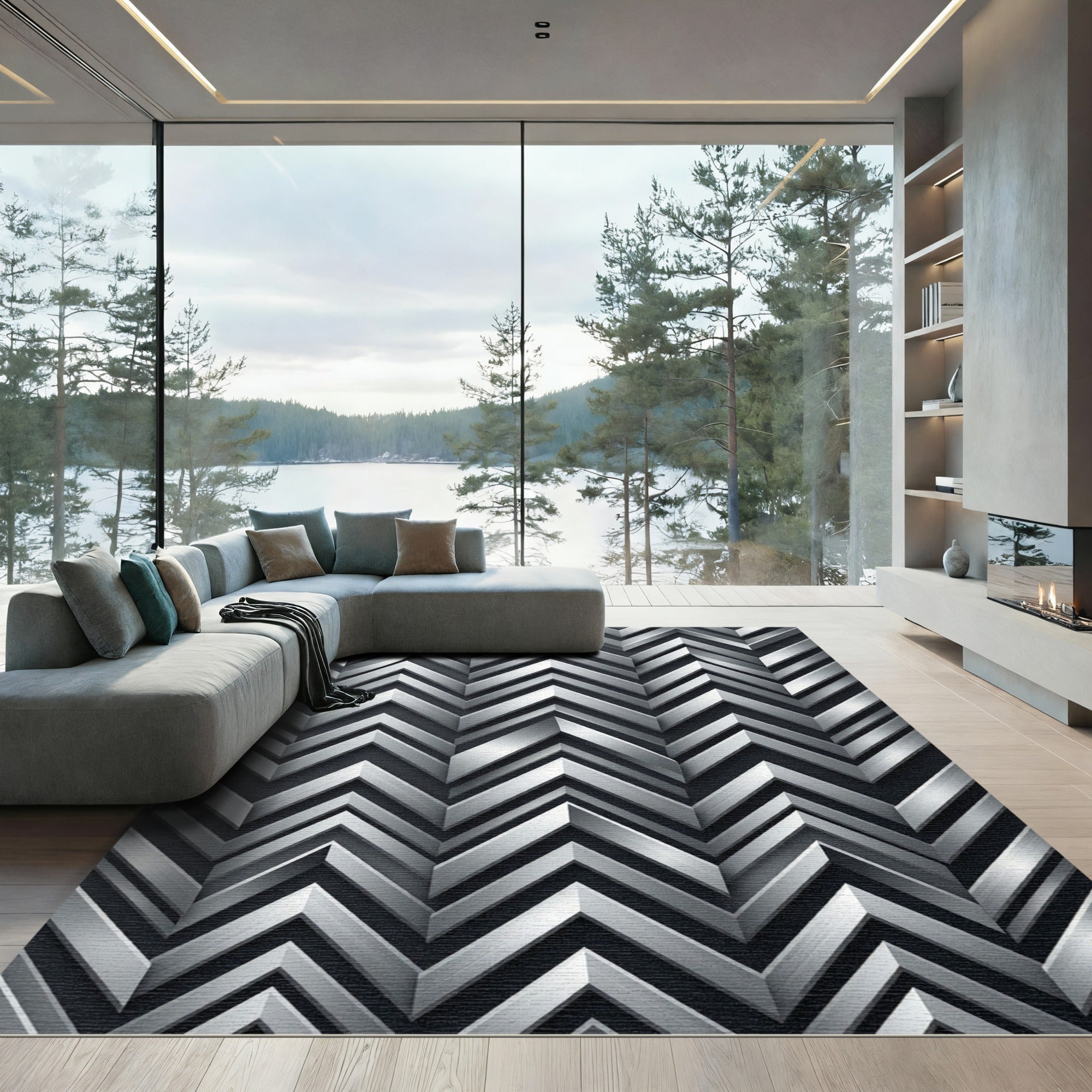 Silver Metallic Chevron Geometric Rug