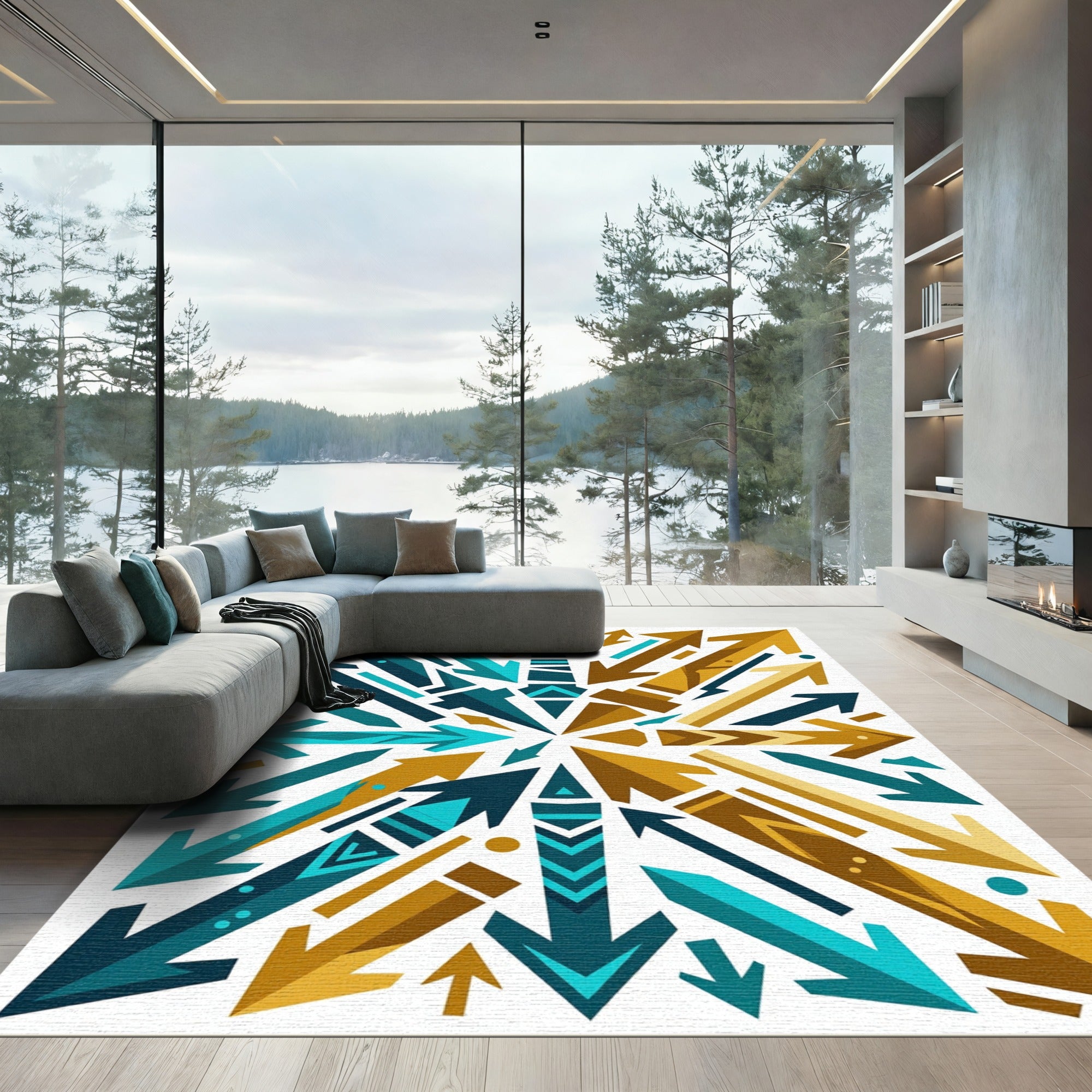 Dark Teal Gold Arrow Explosion Layout Rug