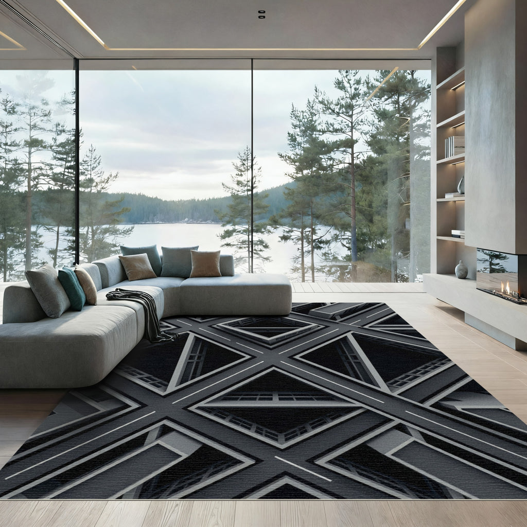 Monochrome Geometric Architectural Diamond Grid Rug