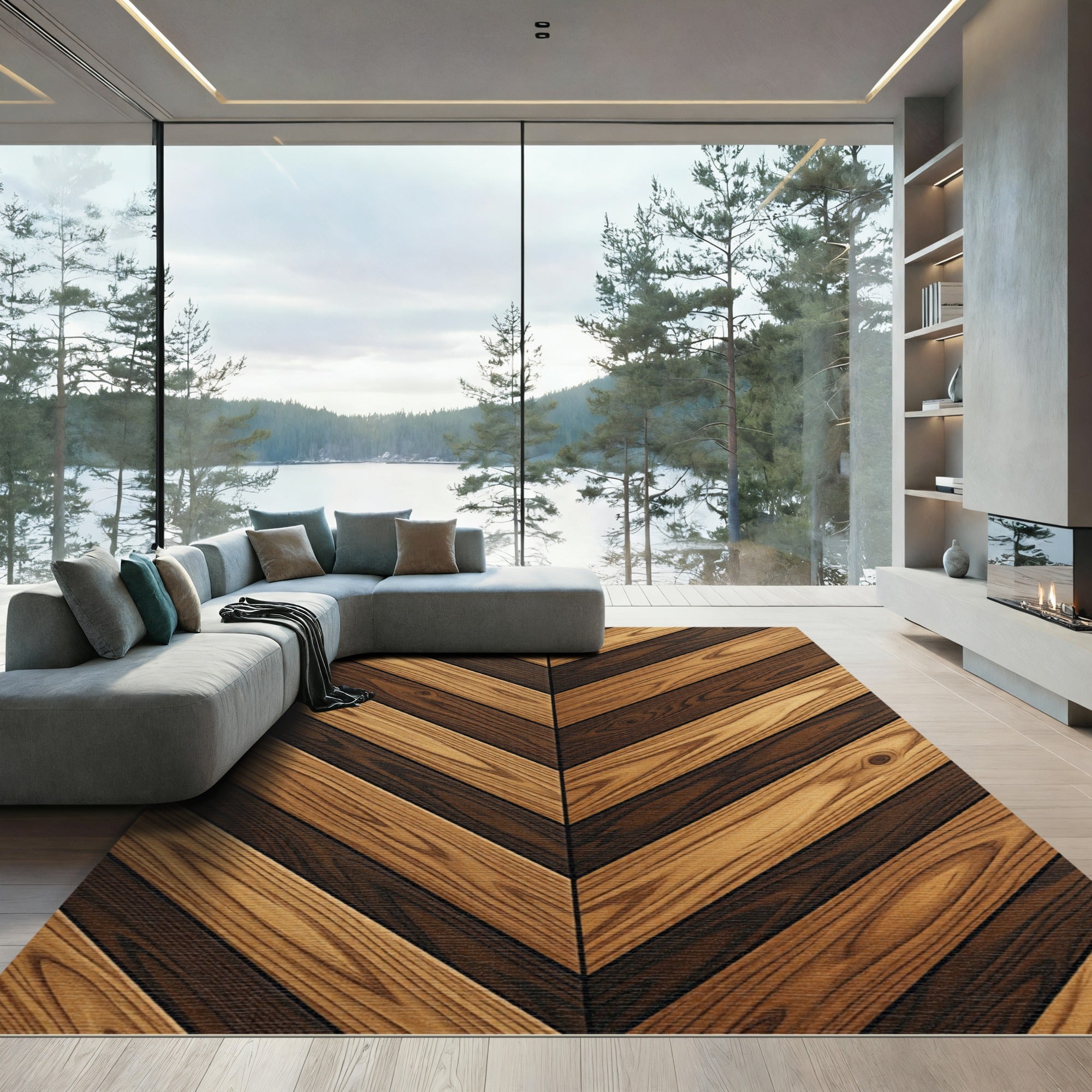 Rustic Brown Wooden Chevron Layers Rug