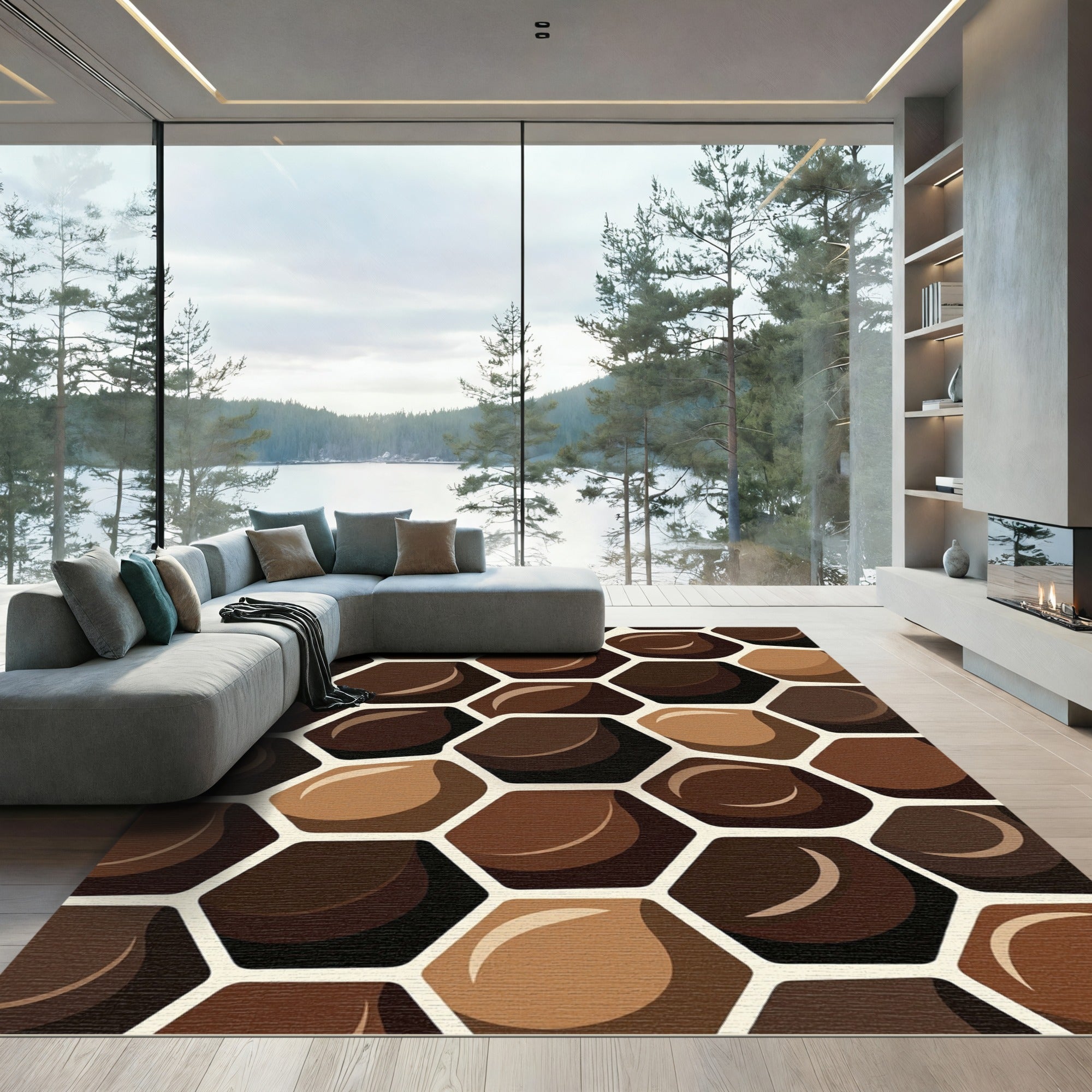 Sophisticated Earth Tone Hexagon Mosaic Rug