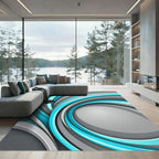 Modern Cyan and Silver Swirling Abstract Rug