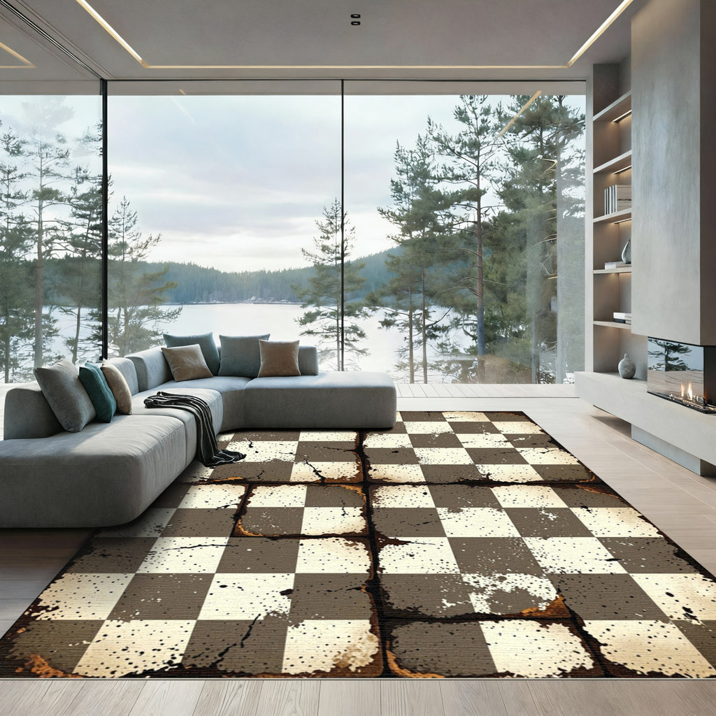 Distressed Monochrome Checkerboard Earthy Grid Rug