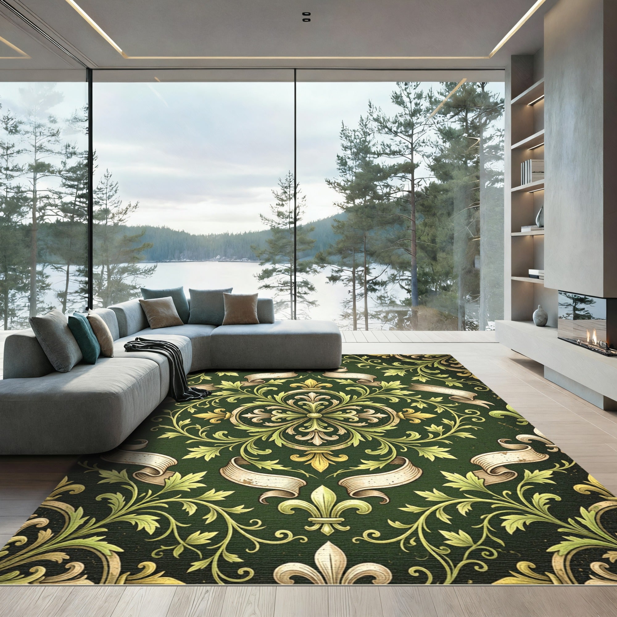 Ornate Emerald Fleur-de-lis Scroll Baroque Rug