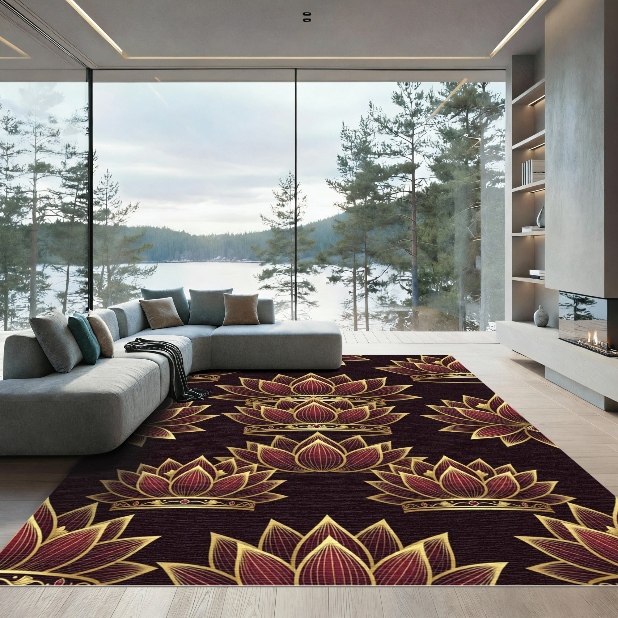 Golden Crimson Lotus Royal Crown Rug
