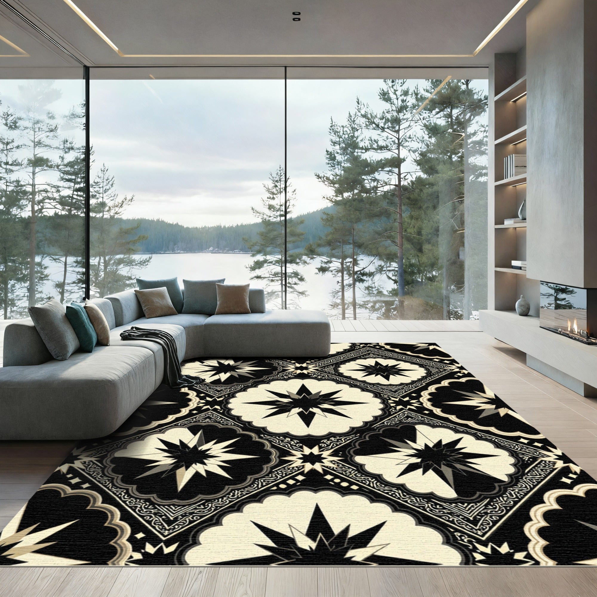 Monochromatic Celestial Starburst Geometric Tile Rug