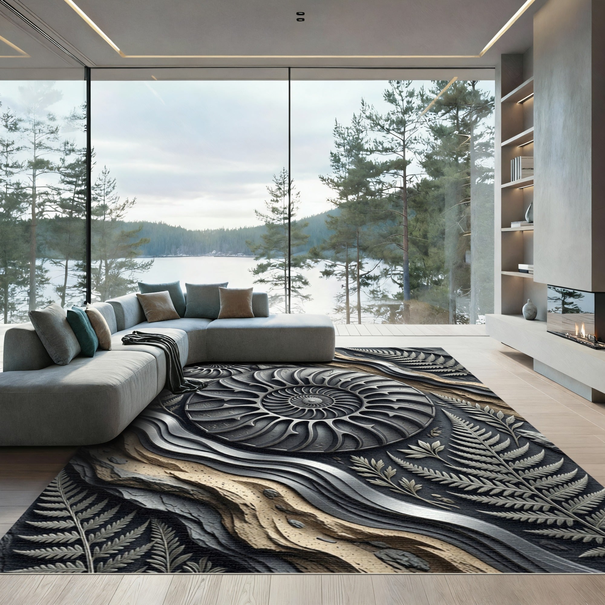 Charcoal Ammonite Fern Fossil Rug