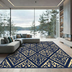 Elegant Navy And Cream Damask Diamond Rug