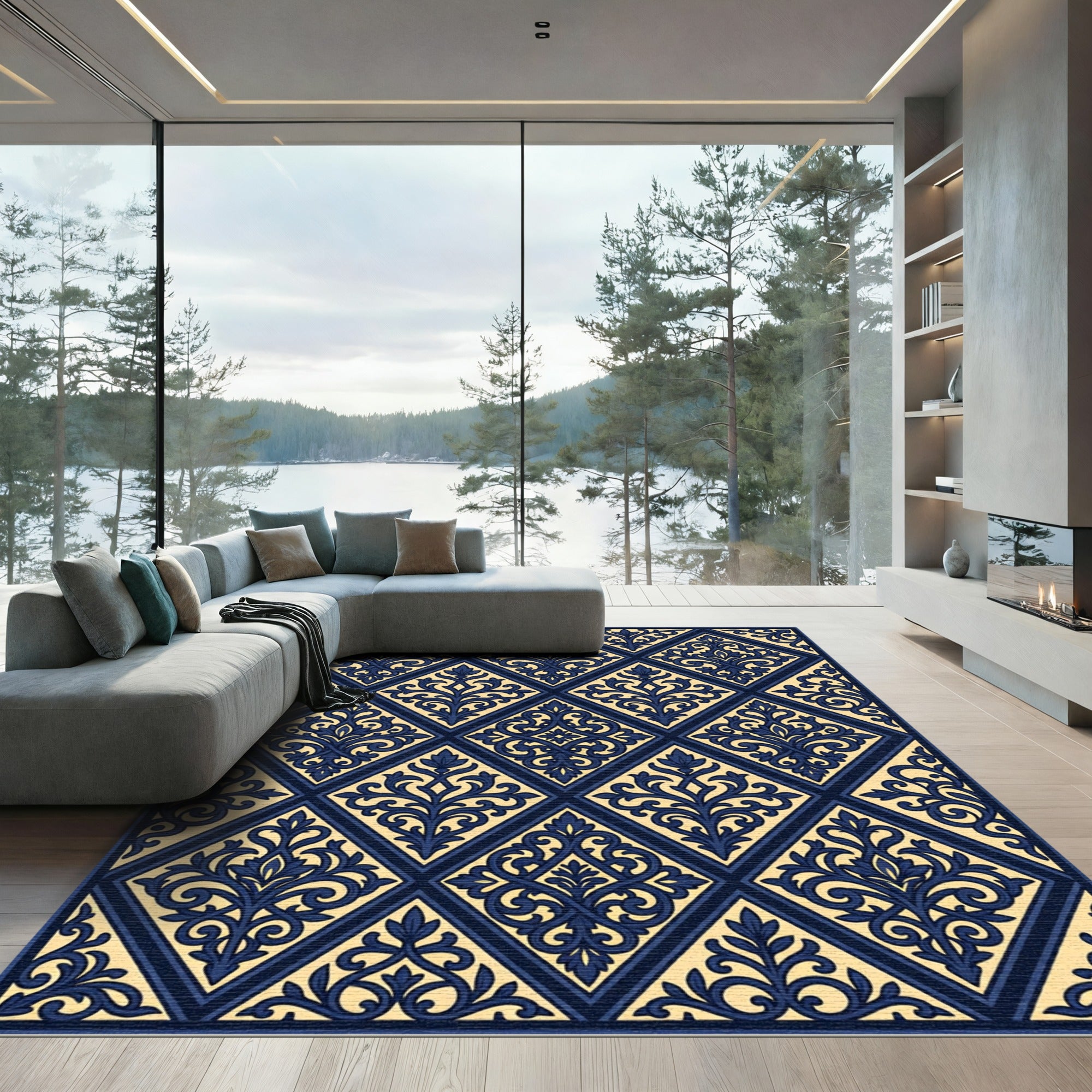 Elegant Navy And Cream Damask Diamond Rug