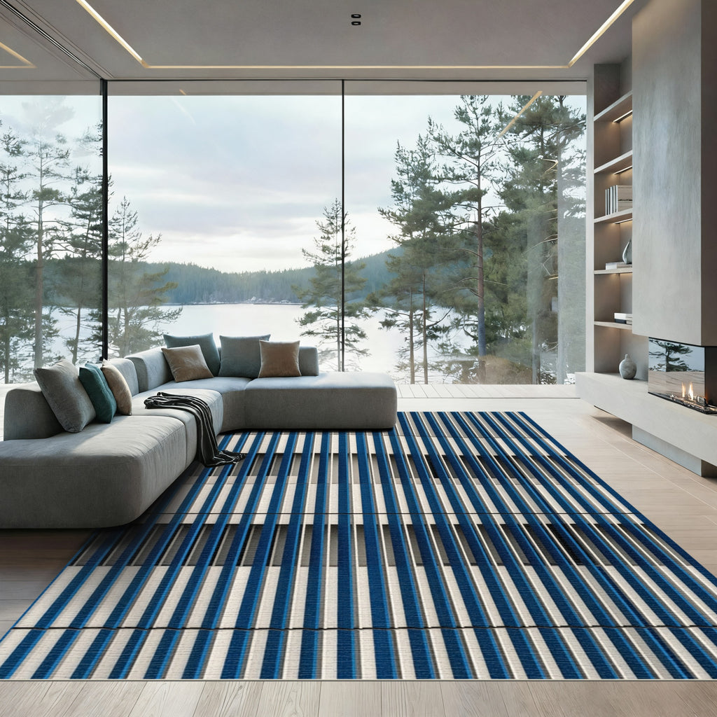Modern Blue White Vertical Stripe Rug