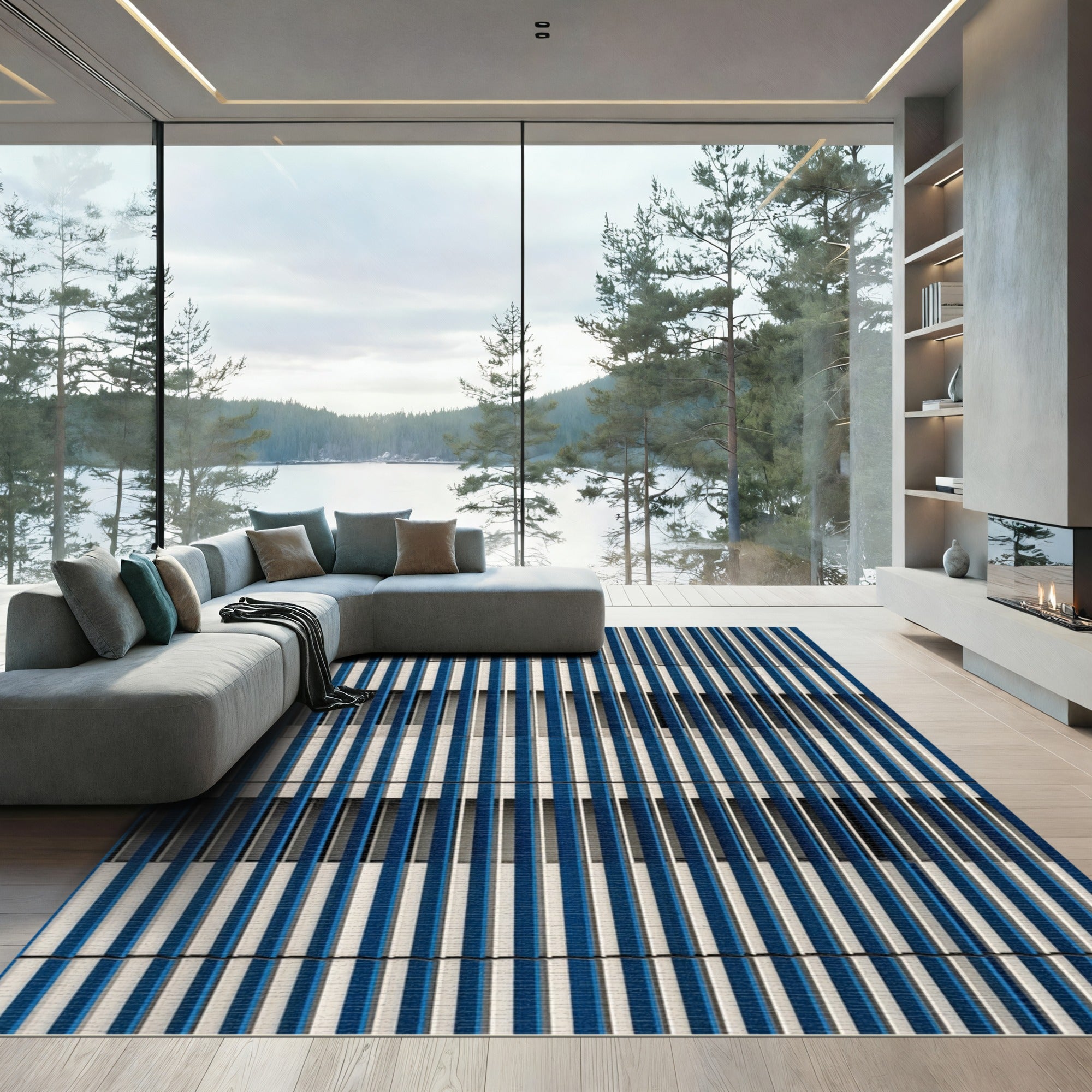 Modern Blue White Vertical Stripe Rug