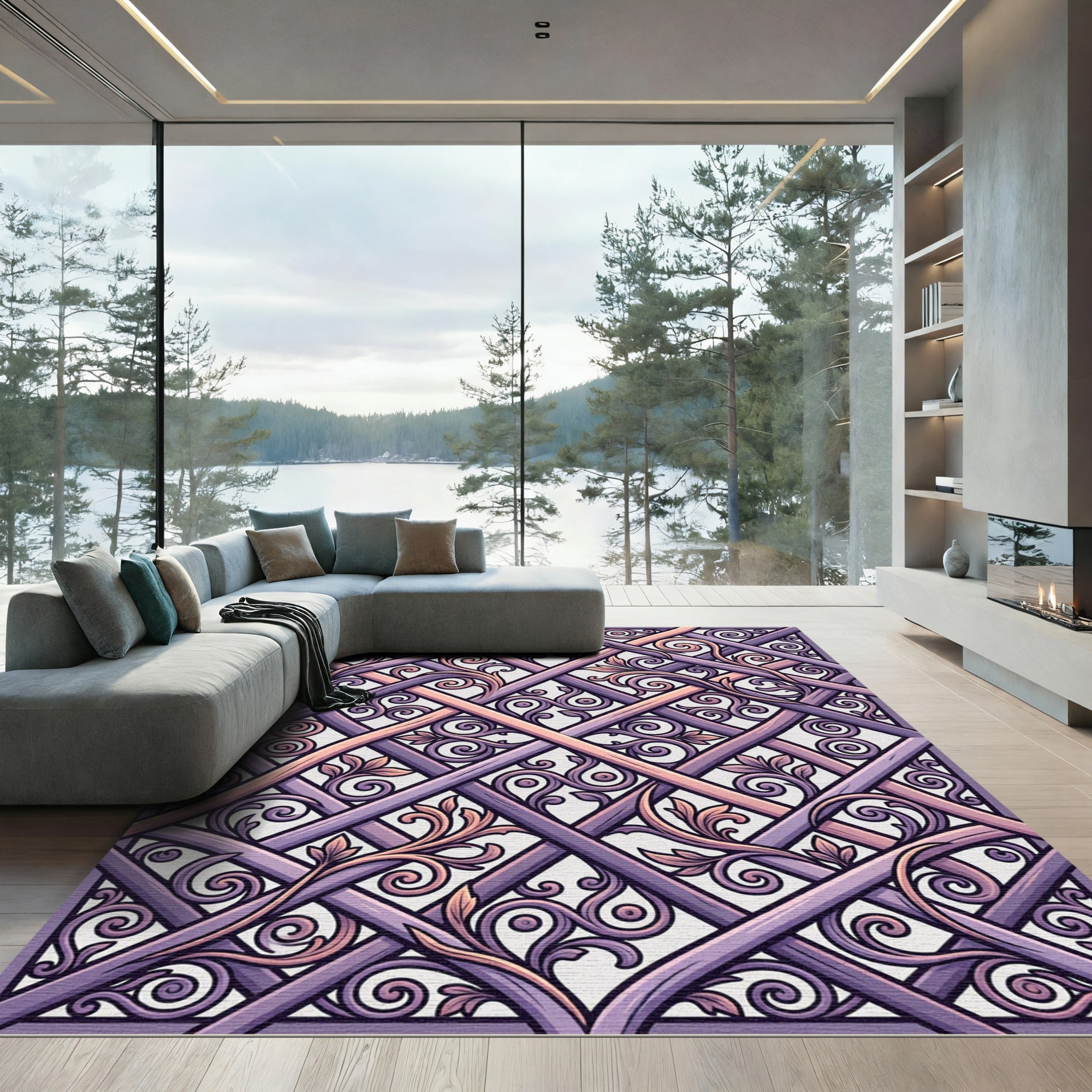 Ornate Purple and Rose Filigree Rug