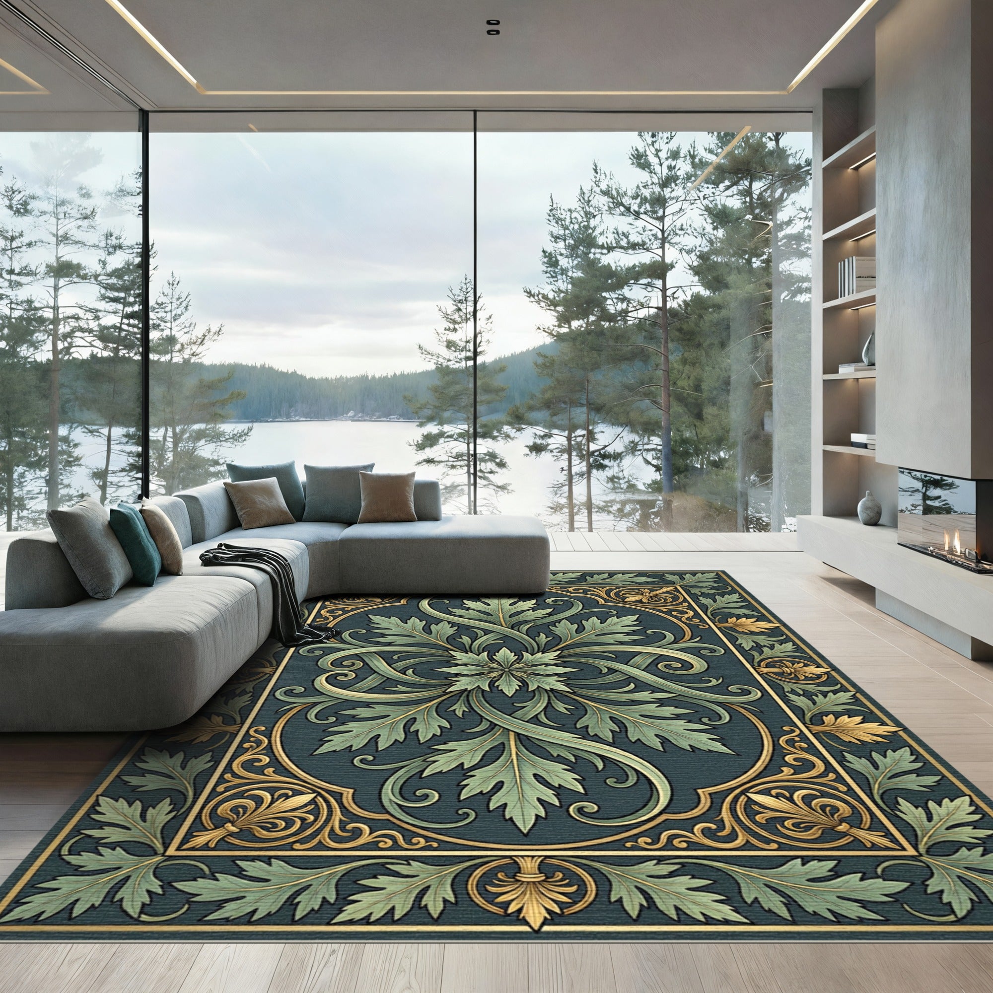 Antique Green Gold Acanthus Leaves Frame Rug