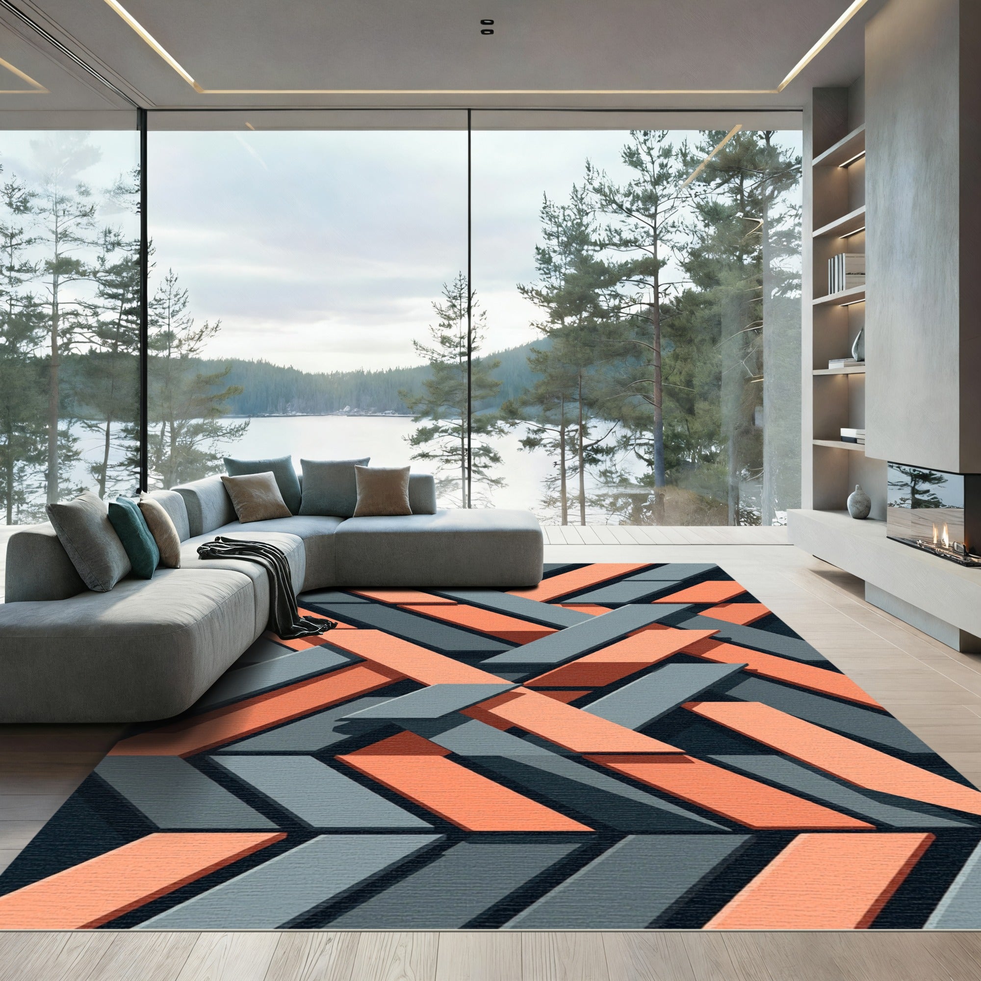 Geometric Salmon and Slate Abstract Interlocking Rug